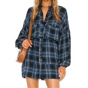 We The Free Navy Plaid Long Sleeve Dress